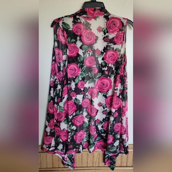 Crazy Train Women's Pink Rose Floral Valentine Sleeveless Mesh Duster Vest - Picture 3 of 7